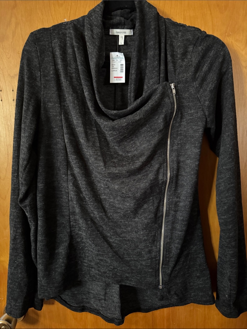 Maurices Charcoal Draped Cowl Neck Zip Sweater